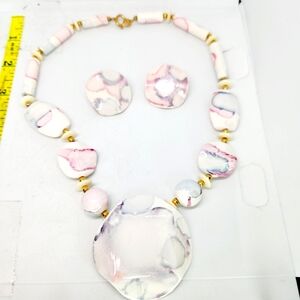 VTG Necklace Earring Set Ceramic Light Blue Pink Watercolor Gold Tone 16" Japan